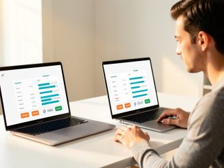 Un jeune homme en télétravail compare deux ordinateurs portables haut de gamme sur un bureau lumineux, avec des graphiques abstraits et non lisibles affichés à l’écran.