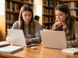 Une jeune étudiante compare deux ordinateurs portables fins sur une table de bibliothèque, entourés de cahiers et d’un chargeur USB-C.