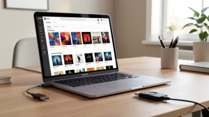 Baladeur audio portable relié en USB à un ordinateur affichant une bibliothèque musicale organisée avec des pochettes d’albums abstraites.
