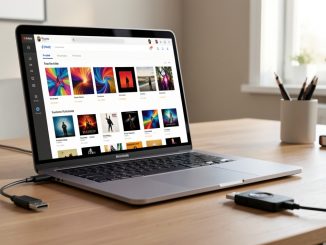 Baladeur audio portable relié en USB à un ordinateur affichant une bibliothèque musicale organisée avec des pochettes d’albums abstraites.