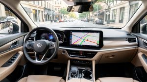 Habitacle moderne vu depuis le siège conducteur, avec un écran central affichant une carte de navigation abstraite et une route urbaine visible à travers le pare-brise.