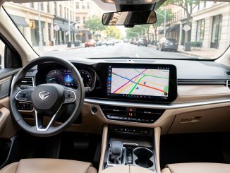 Habitacle moderne vu depuis le siège conducteur, avec un écran central affichant une carte de navigation abstraite et une route urbaine visible à travers le pare-brise.