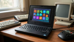 Petit ordinateur portable noir de la fin des années 1990 ouvert sur un bureau de rétrocomputing, avec un écran lumineux affichant une interface graphique abstraite d’époque.