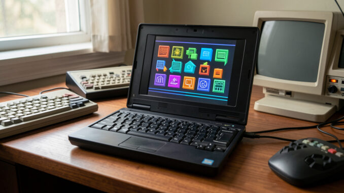 ordinateur_portable_retro_bureau-60u3fu-k9nelh Petit ordinateur portable noir de la fin des années 1990 ouvert sur un bureau de rétrocomputing, avec un écran lumineux affichant une interface graphique abstraite d’époque.