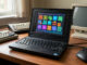 Petit ordinateur portable noir de la fin des années 1990 ouvert sur un bureau de rétrocomputing, avec un écran lumineux affichant une interface graphique abstraite d’époque.