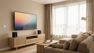 Petit salon contemporain avec téléviseur 4K mural, meuble bas ventilé, enceintes compactes et canapé orienté vers l’écran, éclairé par une lumière naturelle douce.