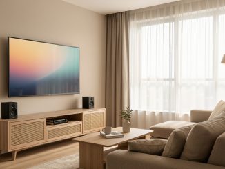 Petit salon contemporain avec téléviseur 4K mural, meuble bas ventilé, enceintes compactes et canapé orienté vers l’écran, éclairé par une lumière naturelle douce.
