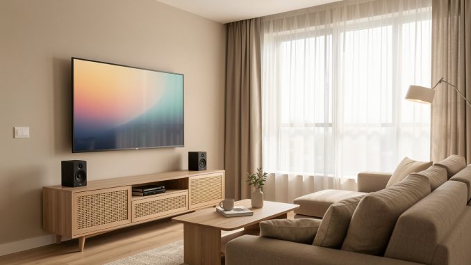 petit_salon_contemporain_televiseur_mural-su63ej-36oh07 Petit salon contemporain avec téléviseur 4K mural, meuble bas ventilé, enceintes compactes et canapé orienté vers l’écran, éclairé par une lumière naturelle douce.