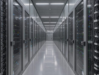 Vue réaliste d’une salle de centre de données moderne avec des baies de serveurs, des allées froides confinées et un éclairage technique discret.